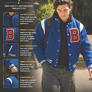 May include: A blue varsity jacket featuring a large red letter B patch on the chest, white sleeves, and white snap buttons. The jacket includes ribbed knit cuffs and hem with white stripes, two outer pockets, and a black hoodie worn underneath.