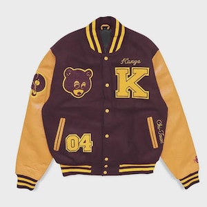 Kanye West College Dropout Varsity Jacket | Maroon Wool Leather Letterman Bomber Outfit