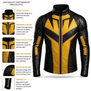 Può includere: Una giacca in pelle nera e gialla con colletto alla coreana, chiusura frontale con cerniera integrale e due tasche laterali con zip. Il capo presenta un audace design a pannelli con cuciture precise lungo le maniche e il busto.