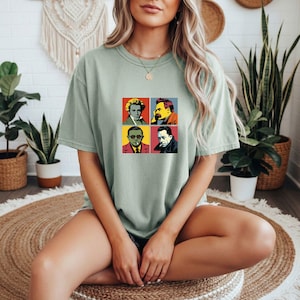 Existentialistiska filosofer T-shirt, Kierkegaard Nietzsche Sartre Camus popkonst grafisk t-shirt