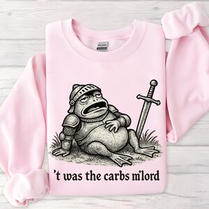 May include: A light pink sweatshirt featuring a cartoon illustration of a frog in knight's armor, a sword, and the text "'t was the carbs milord". The frog is drawn in black and white.