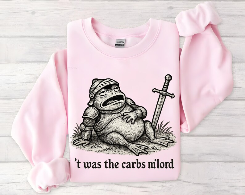 May include: A light pink sweatshirt featuring a cartoon illustration of a frog in knight's armor, a sword, and the text "'t was the carbs milord". The frog is drawn in black and white.