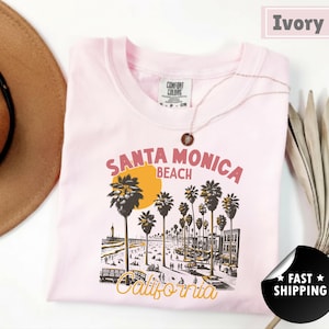 Santa Monica Shirt Beach California T Shirt Natural Beige Color Cotton Graphic Tee Palm Trees Ocean Gift Souvenir Vacation Apparel