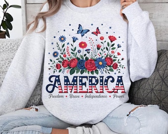 Floral USA Sweatshirt, American Girl Sweatshirt, USA Est 1776 Sweatshirt, Girly 4th of July Shirt, Patriotic Women Shirt, Flower USA Shirt