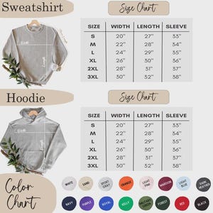 May include: A light gray sweatshirt and hoodie are displayed, along with size charts and a color chart. The size chart shows measurements in inches for width, length, and sleeve length. The color chart includes various colors like white, orange, and black.