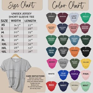 May include: A gray unisex short sleeve tee shirt with a size chart and color chart. The size chart lists measurements in inches, ranging from XS to 4XL. The color chart displays various shirt colors.
