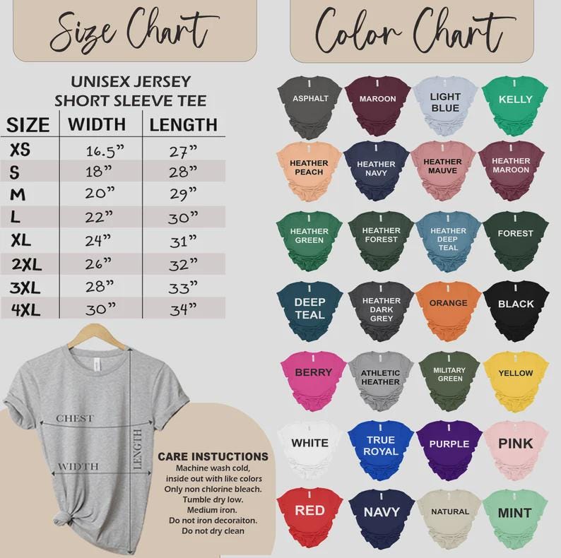 May include: A gray unisex short sleeve tee shirt with a size chart and color chart. The size chart lists measurements in inches, ranging from XS to 4XL. The color chart displays various shirt colors.