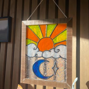 8x10 Sun and Moon Hand-Painted Faux Stained Glass Suncatcher/Window Hanging - Celestial Decor, Whimsigoth Decor, Sun, Moon & Stars