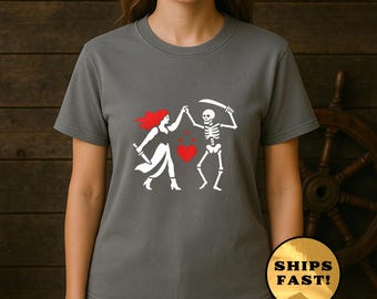Gothic Pirate Love T-Shirt: Blackbeard Flag, Dancing Skeletons