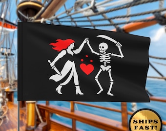 Blackbeard Pirate Flag: Dancing Skeleton, Heart - Historical Decor