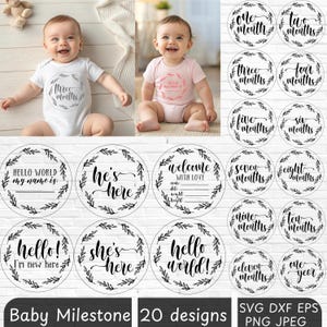 Baby Milestone / Pacchetto Baby Milestone svg / 20 Baby Monthly Milestone svg unici e carini e Hello World svg / Statistiche di nascita svg, dxf eps pdf