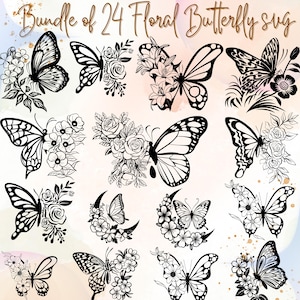 Bundle SVG papillon, 24 SVG papillon floral, papillon SVG en couches, fichiers papillon pour Cricut, clipart papillon, dxf, eps, pdf