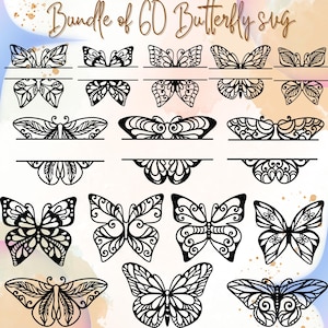 Lot de papillons SVG, 60 modèles uniques et divisés papillon SVG, papillons SVG en couches, fichiers papillon pour Cricut, clipart papillon, dxf, eps
