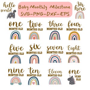 Jalon bébé | Lot de bébés jalons svg | 15 Jalons mensuels uniques et mignons pour bébé svg et svg Hello World | Statistiques de naissance svg, dxf eps pdf