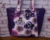 Handmade Purple Genuine Leather and Floral Fabric Handbag Tote Bag