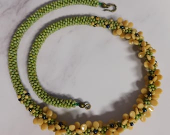 Green & Tan Floral Kumihimo Braided Necklace