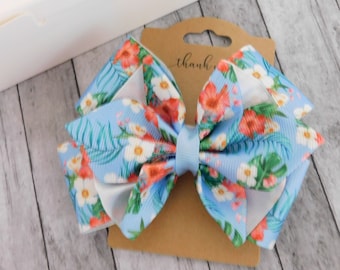 Blue Floral Ribbon  Hair Bow