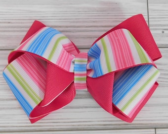 Pink/Blue/White Grosgrain Ribbon Bow