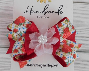 Red Floral Grosgrain Ribbon Hair Bow