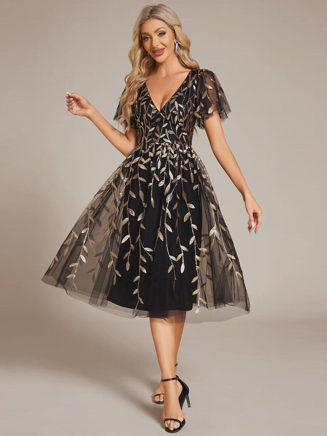 gold dress for mother of groom Roman Holiday Puff Sleeve Embellished Midi Dress Gold– Selfie Leslie main image 0