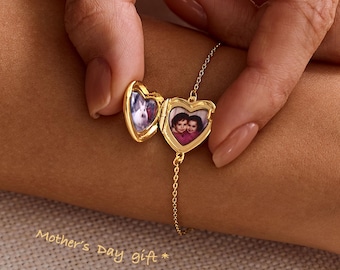 Custom Heart Photo Locket Bracelet, Birthstone Bracelet, Delicate Photo Bracelet, Mother’s Day Gift, Memorial Jewelry for Mom, Gift for Her