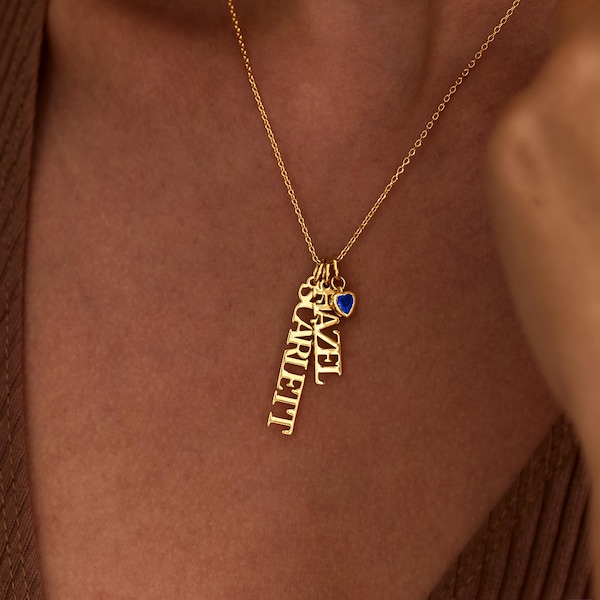 Vertikale Namenskette mit Geburtsstein, personalisierter Familienname-Schmuck, Kinder-Namensanhänger, individuelles Geschenk für Mama, Muttertagsgeschenk für Sie
