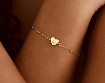 Dainty Engraved Heart Birthstone Bracelet, Double Sided Initial Bracelet, Personalized Gold Jewelry, Minimalist Birthday Gift, Keepsake