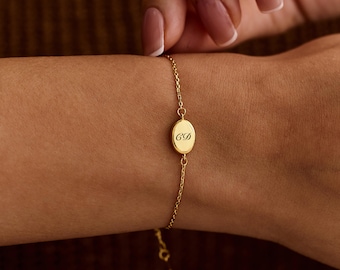 Oval Engraved Birthstone Bracelet, Double Sided Letter Bracelet, Personalized Gold Jewelry, Minimalist Design, Birthday Gift, Couple Gift