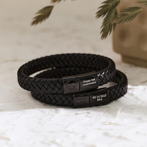 Custom Mens Bracelet, Engraved Leather Bracelet – Personalized Gift for Him, Black Braided Bracelet, Anniversary Gift, Mens Jewelry