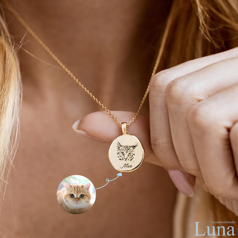 Custom Pet Necklace, Engraved Pet Portrait Pendant, Personalized Pet Name Jewelry, Pet Loss Keepsake, Pet Photo Necklace, Gift for Her image 1