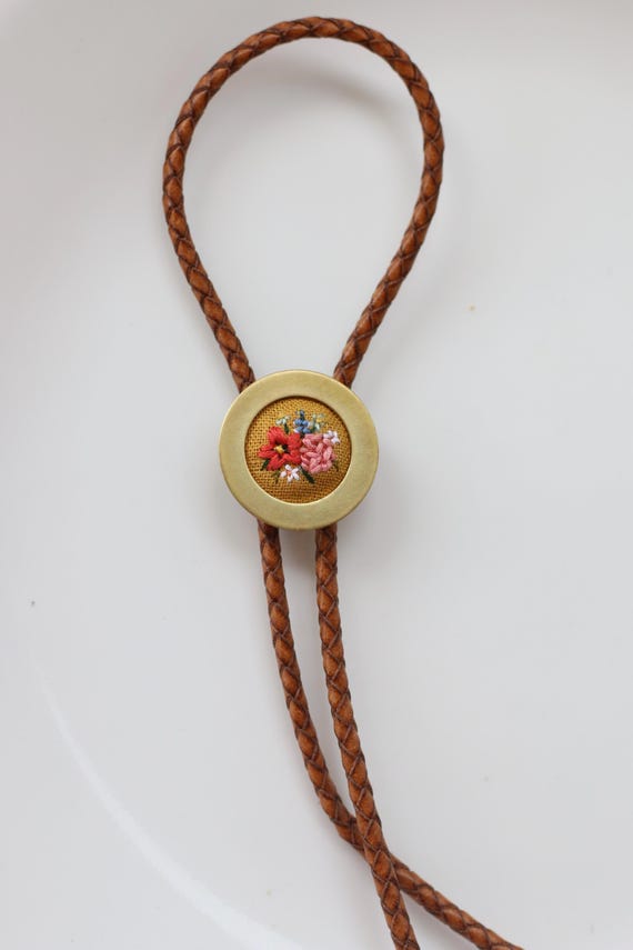 Poppy and Larkspur- hand embroidered bolo tie