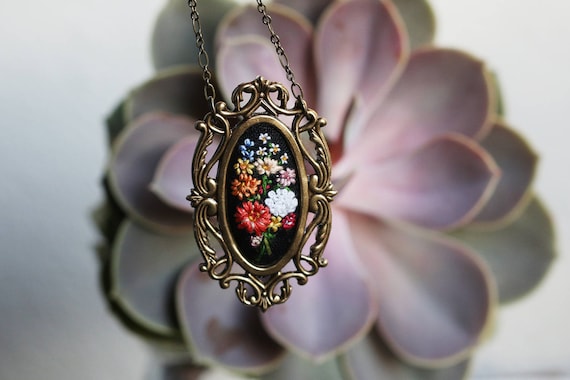 Farmer's market bouquet no. 6- hand embroidered necklace, summer, rainbow, flowers, floral, zinnias, queen anne's lace