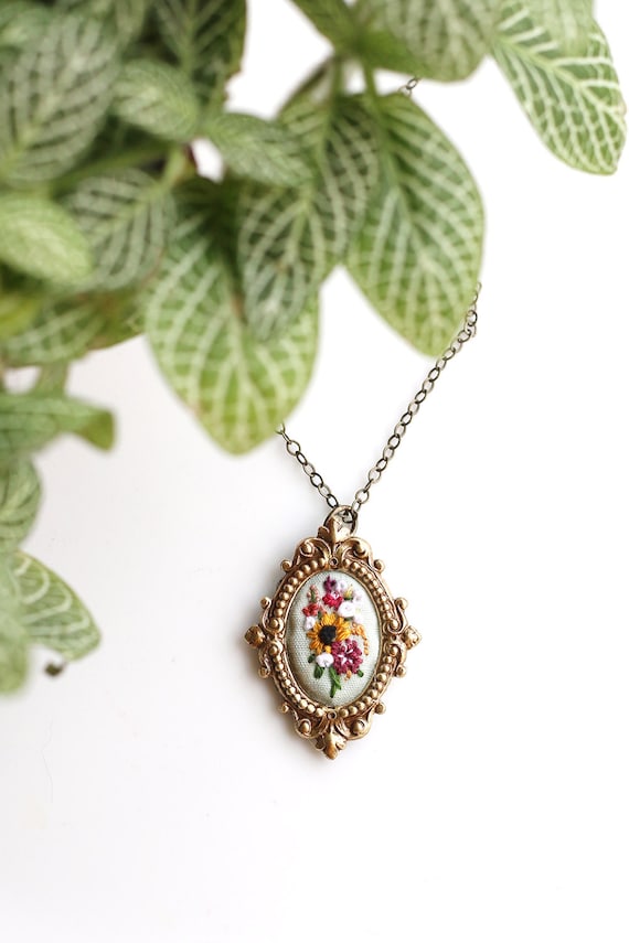 Lil Farmer's Market Bouquet No.3- hand embroidered necklace, floral, bouquet, coral, fuschia, mustard, sunflowers