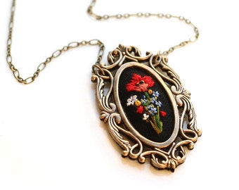 Poppy and Forget me nots- hand embroidered necklace, black, floral, wildflowers, flowers, red, blue, yellow