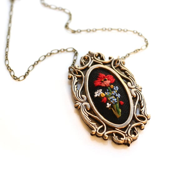 Poppy and Forget me nots- hand embroidered necklace, black, floral, wildflowers, flowers, red, blue, yellow