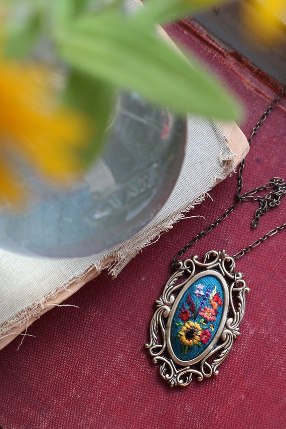 Farmer's Market Bouquet No. 2- hand embroidered necklace, white, floral, wildflowers, flowers, peach, yellow, pink