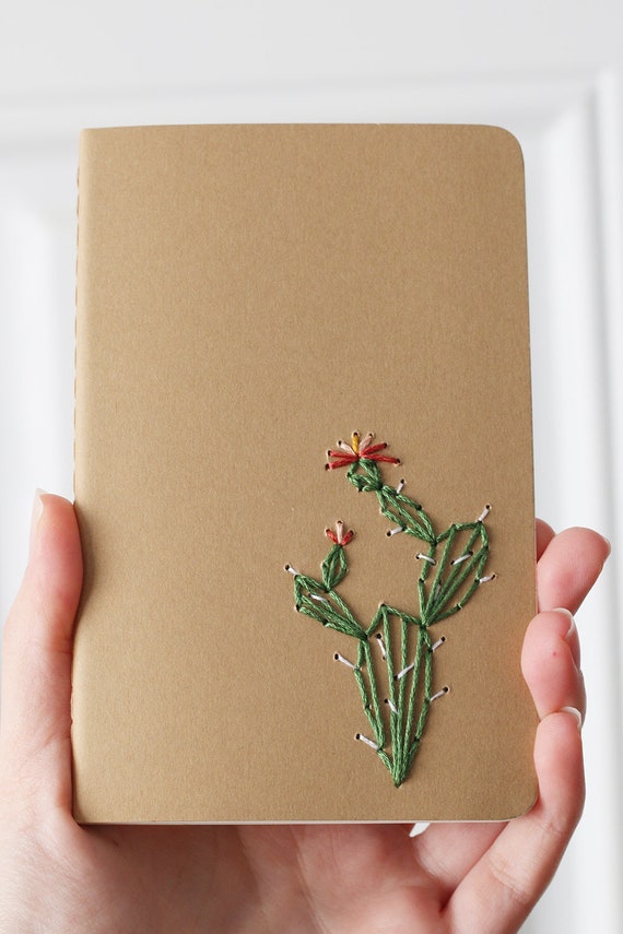 Prickly pear cactus- hand embroidered pocket notebook