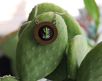 Cactus- hand embroidered necklace, desert, succulent, cacti