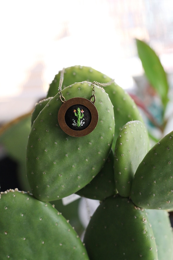 Cactus- hand embroidered necklace, desert, succulent, cacti