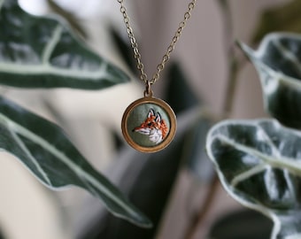 Sly Little Fox- hand embroidered necklace, miniature, fox. woodland