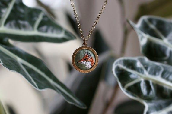 Sly Little Fox- hand embroidered necklace, miniature, fox. woodland