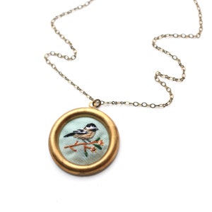 Chickadee- hand embroidered necklace, delicate, bird, branch