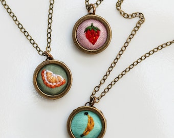 Tiny Fruit Charm- hand embroidered necklace, miniature