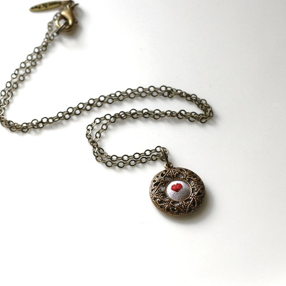 My Heart is Yours- hand embroidered necklace, heart, tiny, gift, love, red