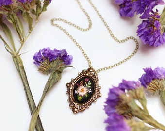 Lil Peach Dahlia- hand embroidered necklace, floral, bouquet, garden, coral, mustard, mint, purple