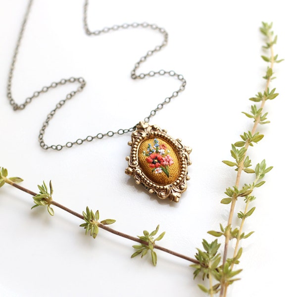 Little Poppy and larkspur- hand embroidered necklace, black, floral, wildflowers, flowers, red, blue, yellow