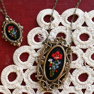 Little Poppy and Forget me nots hand embroidered necklace, black, floral, wildflowers, flowers, red, blue, yellow image 3