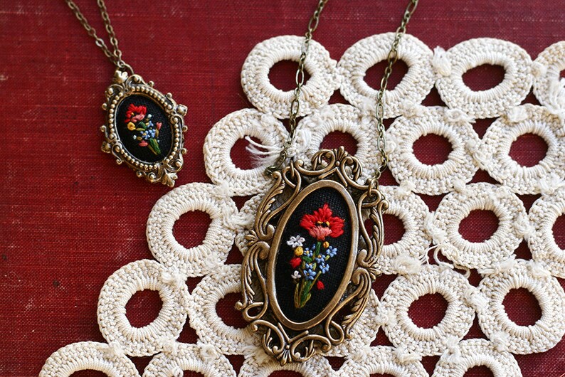 Little Poppy and Forget me nots hand embroidered necklace, black, floral, wildflowers, flowers, red, blue, yellow image 3