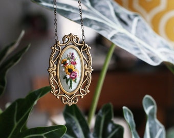 Farmer's Market Bouquet No. 3- hand embroidered necklace, white, floral, wildflowers, flowers, sunflower