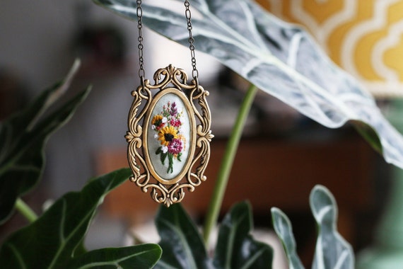 Farmer's Market Bouquet No. 3- hand embroidered necklace, white, floral, wildflowers, flowers, sunflower